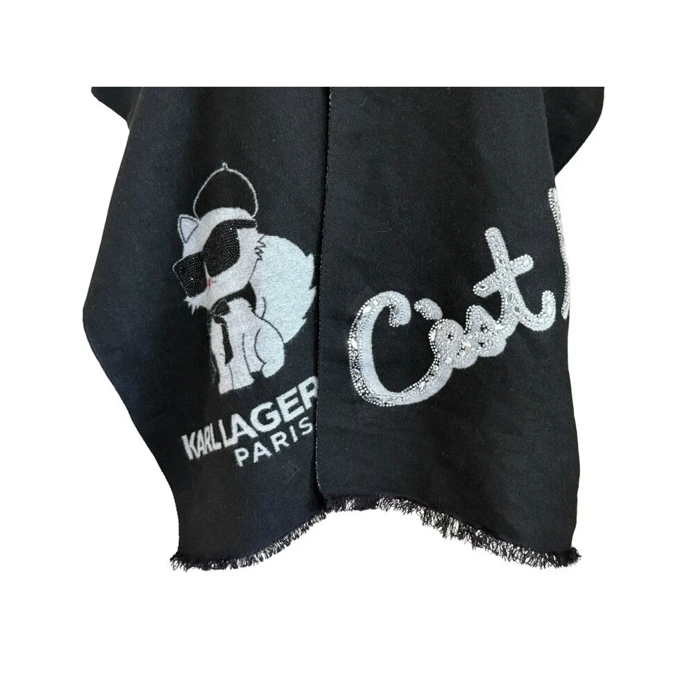 Karl Lagerfeld Paris Black Cat Moi Rhinestone Logo Fringe Scarf Wrap Shawl